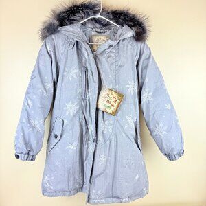 NWT Cyclone Down Coat Parka – Gray Snowflake Print, Faux-Fur Hood, Size M